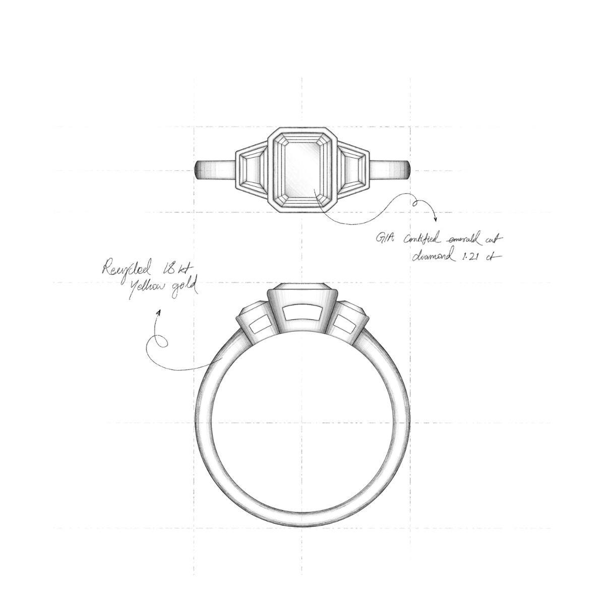 Technical drawing of three stone diamond ring