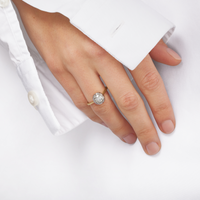 Old cut diamond solitaire engagement ring on model's hand
