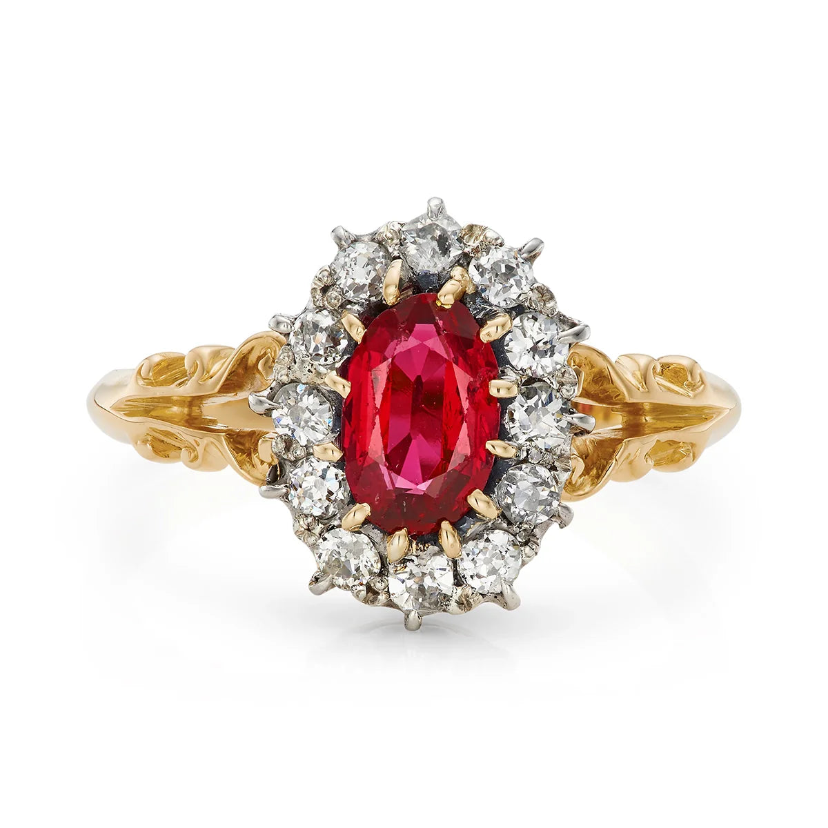 Victorian 0.95ct Ruby and 0.55ct Diamond Enagement Ring with yellow gold shank