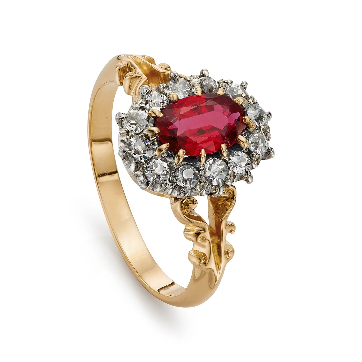 Victorian 0.95ct Ruby and 0.55ct Diamond Enagement Ring with yellow gold shank