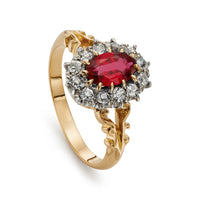 Victorian 0.95ct Ruby and 0.55ct Diamond Enagement Ring with yellow gold shank