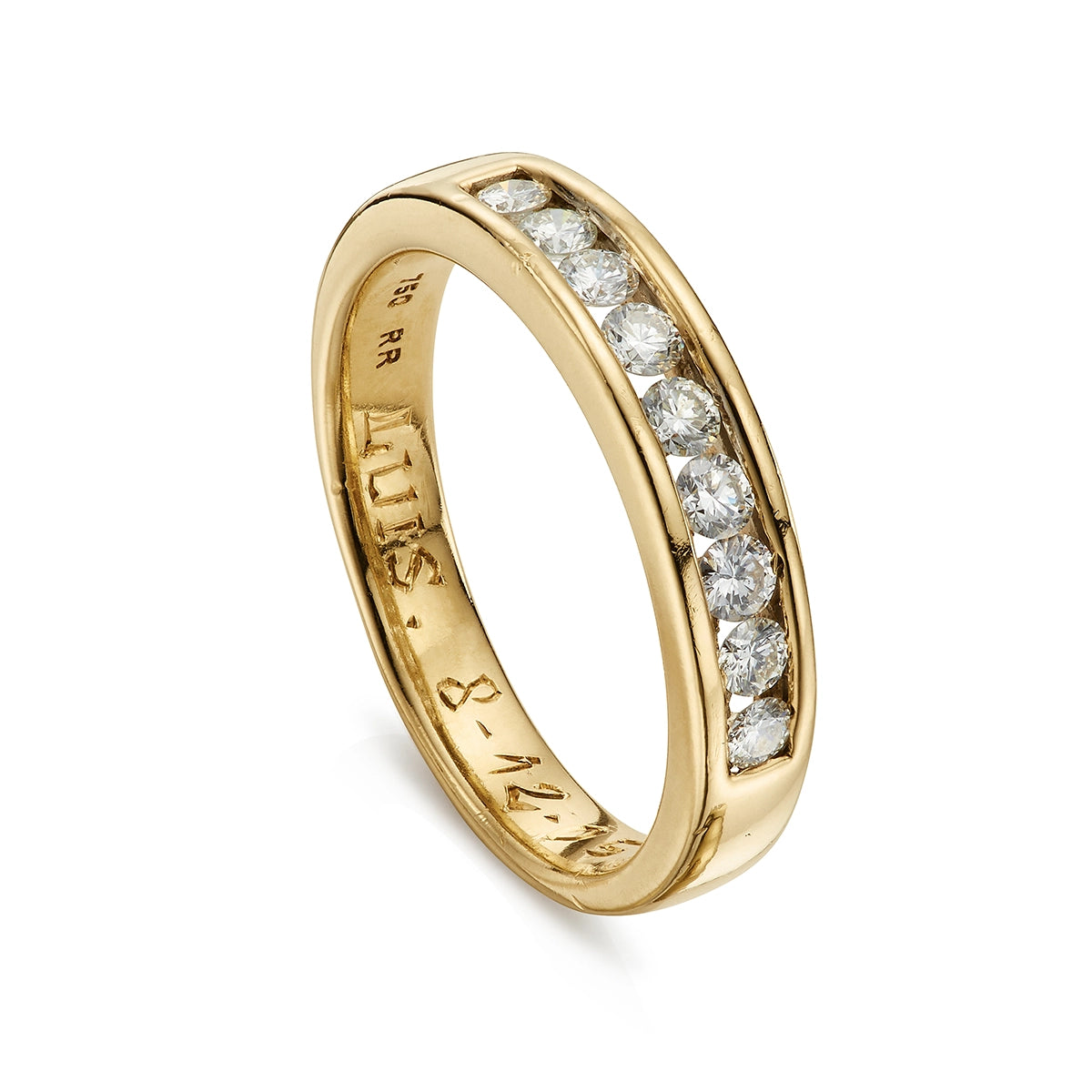 Vintage 0.50ct diamond half eternity wedding band in yellow gold with engraving