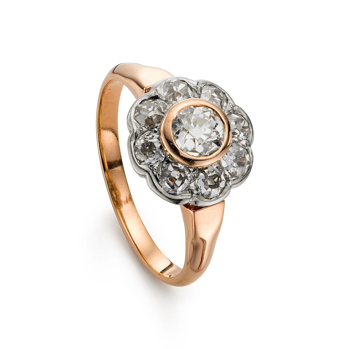 Victorian 1.30ct Diamond Cluster Engagement Ring in yellow, white and rose gold