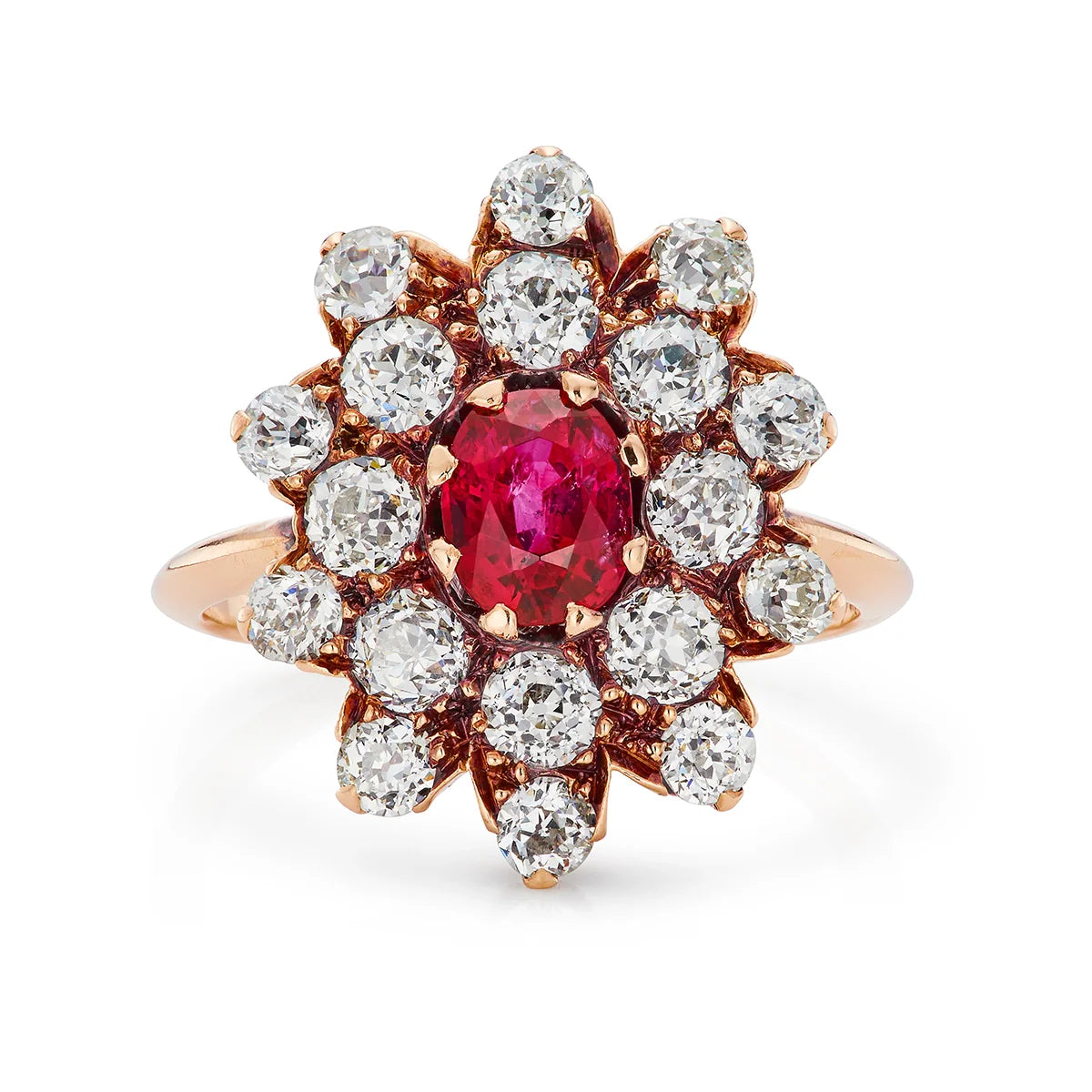 Victorian Conversion 0.90ct Natural Ruby & 1.80ct Diamond Cluster Engagement Ring