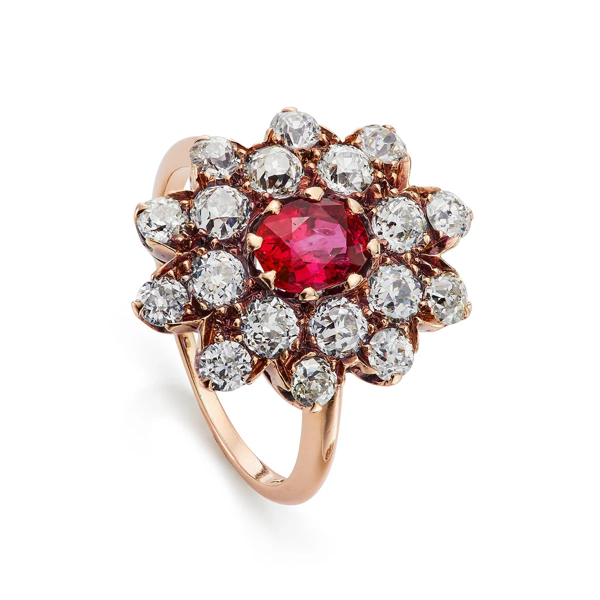 Victorian Conversion 0.90ct Natural Ruby & 1.80ct Diamond Cluster Engagement Ring