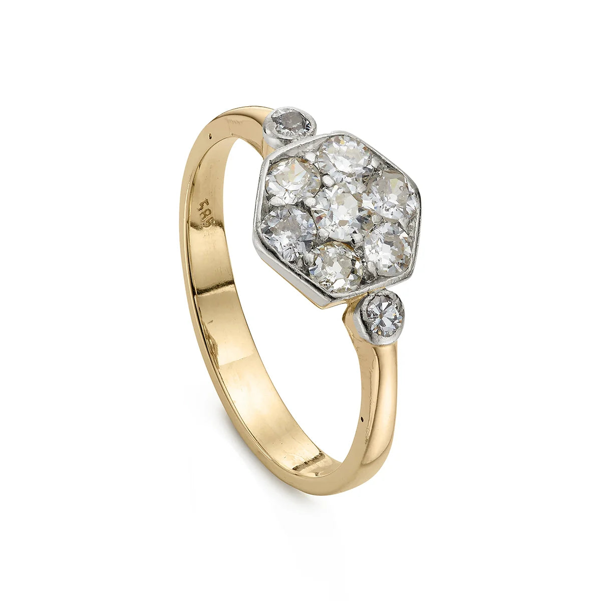 Art Deco 0.45ct Diamond Hexagonal Cluster Engagement Ring with yellow gold shank