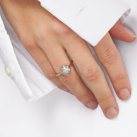 Old cut diamond solitaire engagement ring on model's hand