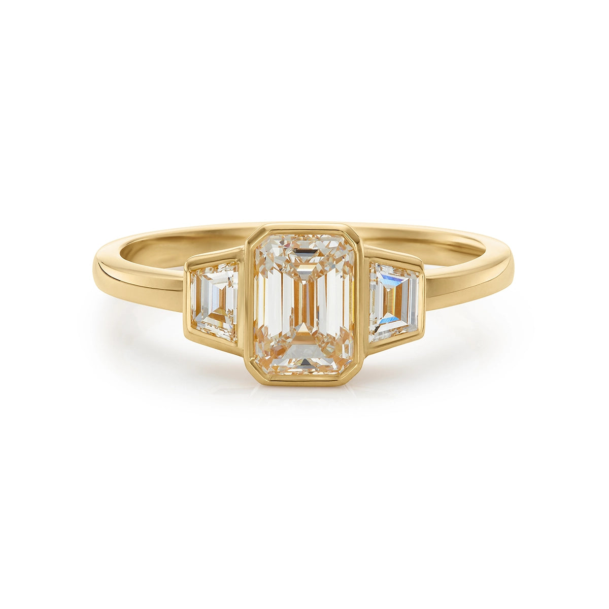 Art Deco inspired Three Stone Diamond Engagement Ring in yellow gold 