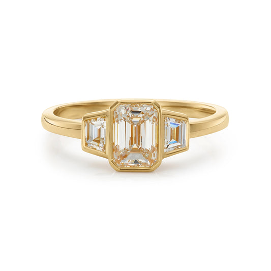 Art Deco inspired Three Stone Diamond Engagement Ring in yellow gold 