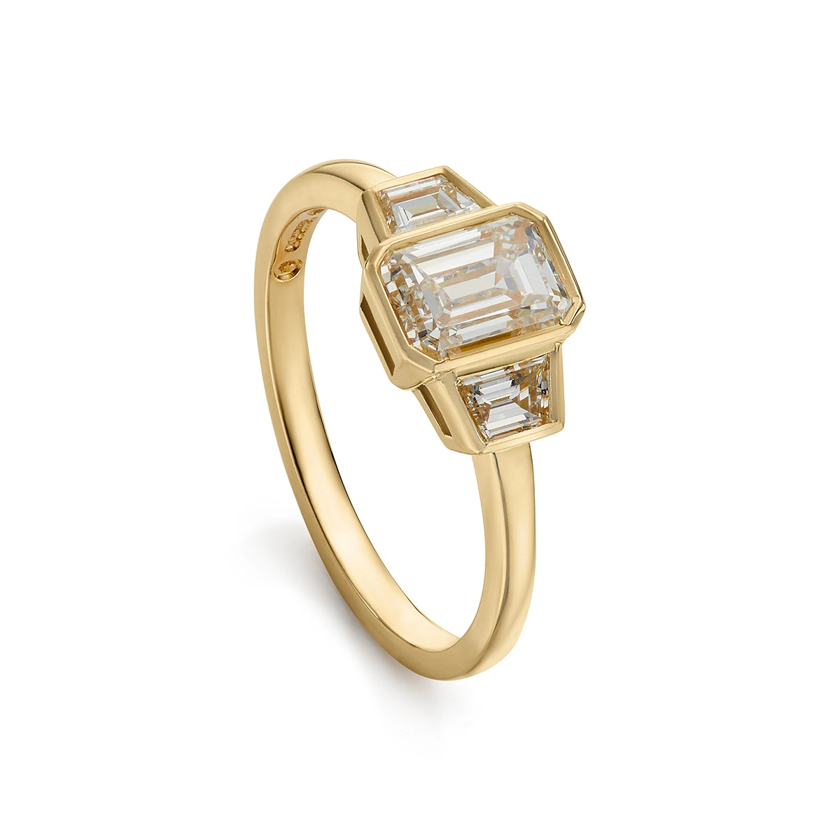 Art Deco inspired Three Stone Diamond Engagement Ring in yellow gold 