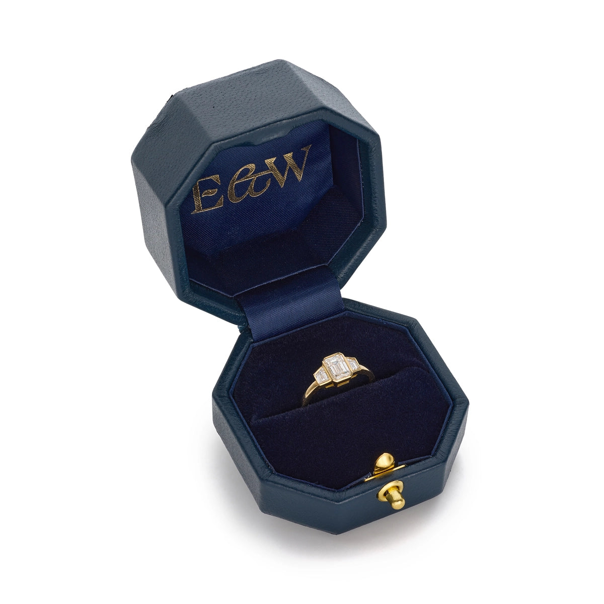 Art Deco inspired Three Stone Diamond Engagement Ring in yellow gold in jewellery box