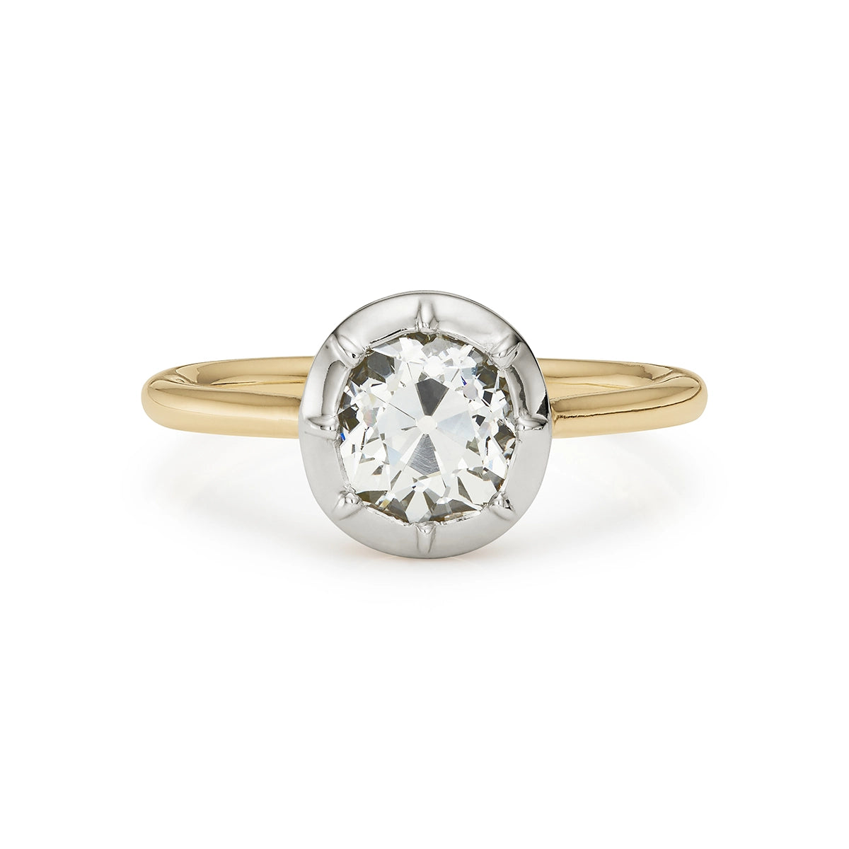 1.50ct old mine cut diamond solitaire button back ring with yellow gold shank