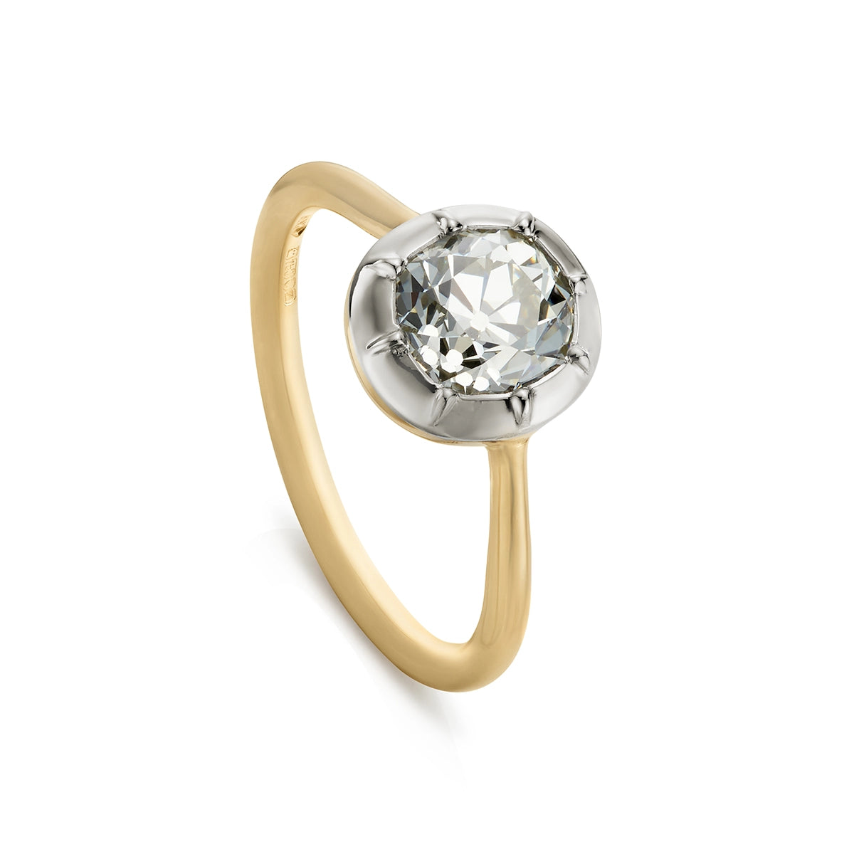 1.50ct old mine cut diamond solitaire button back ring with yellow gold shank
