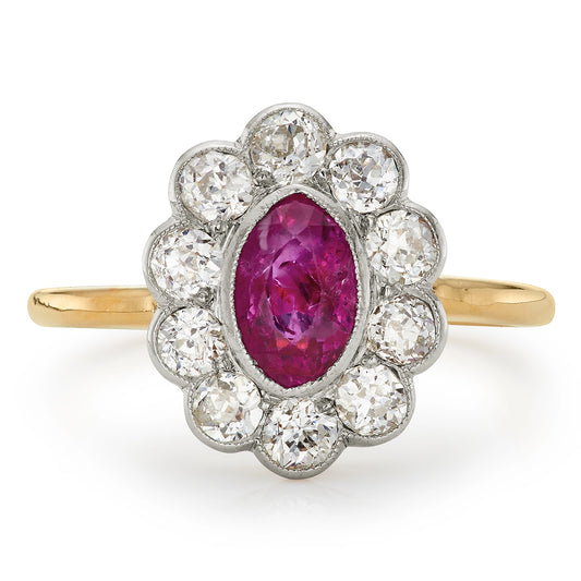 Edwardian 1.05ct Natural Ruby and 0.80ct Diamond Cluster Ring with Yellow Gold Shank