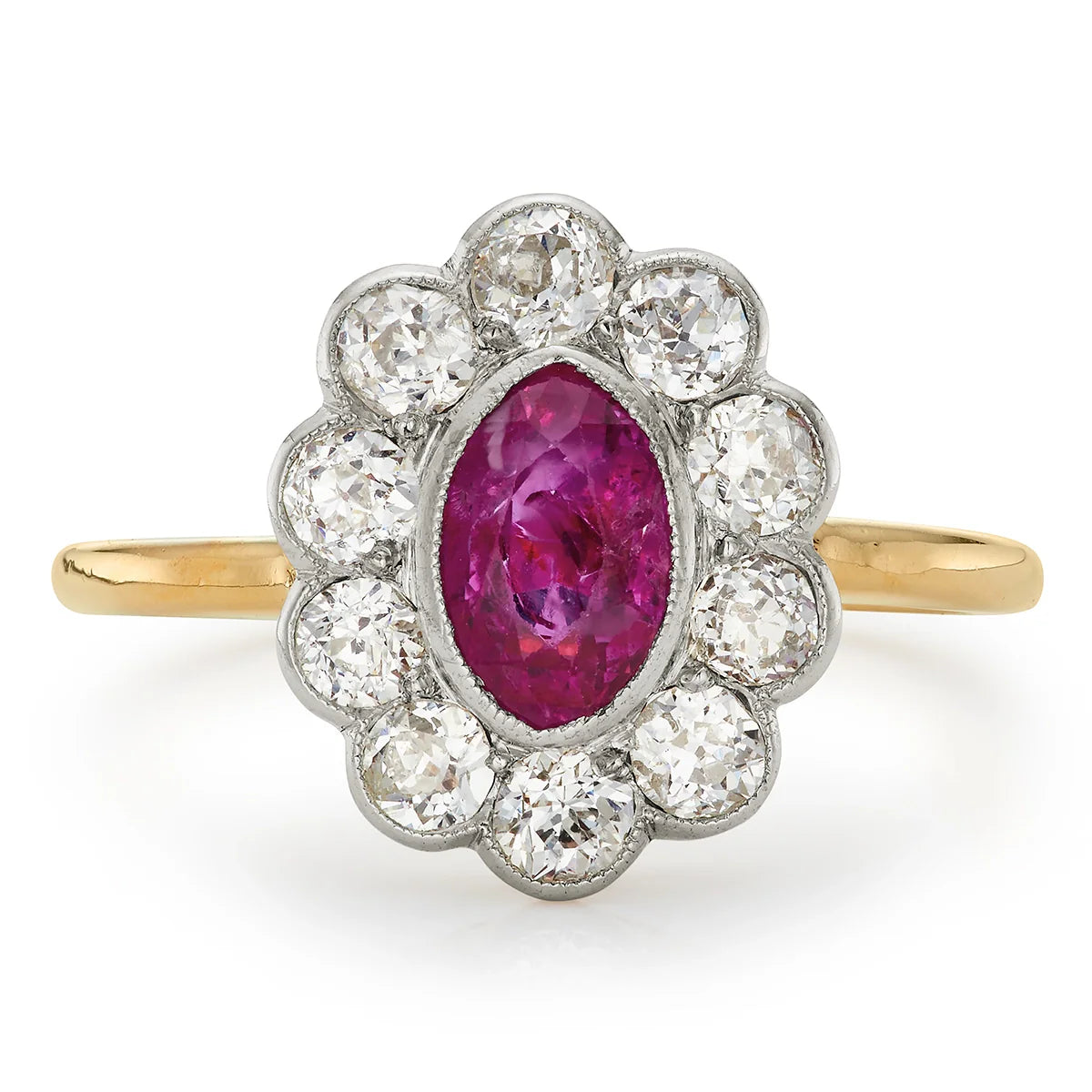 Edwardian 1.05ct Natural Ruby and 0.80ct Diamond Cluster Ring with Yellow Gold Shank