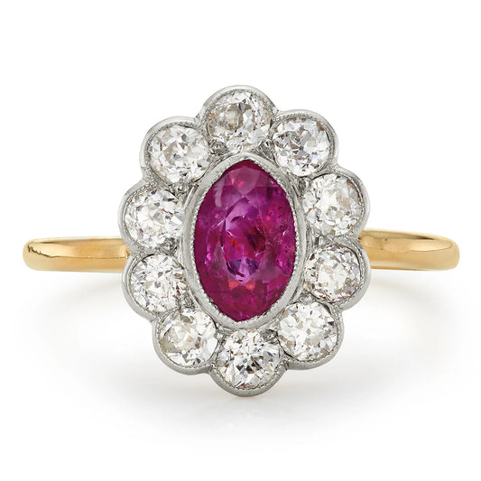 Edwardian 1.05ct Natural Ruby and 0.80ct Diamond Cluster Ring with Yellow Gold Shank