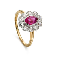 Edwardian 1.05ct Natural Ruby and 0.80ct Diamond Cluster Ring with Yellow Gold Shank