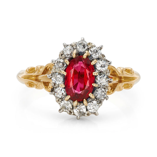 Victorian 0.95ct Ruby and 0.55ct Diamond Enagement Ring with yellow gold shank
