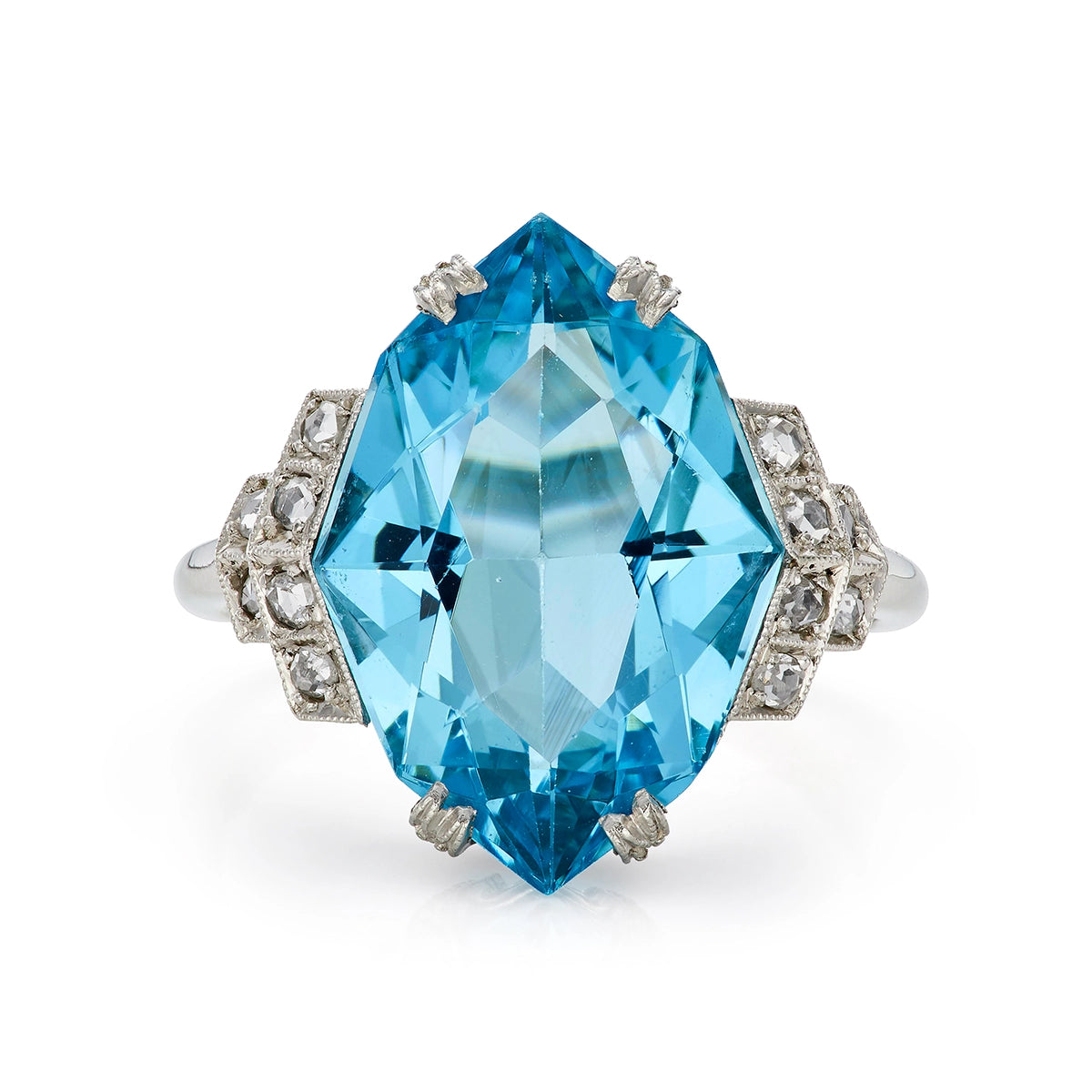 Art Deco 8.70ct Aquamarine & Diamond Ring in White Gold 