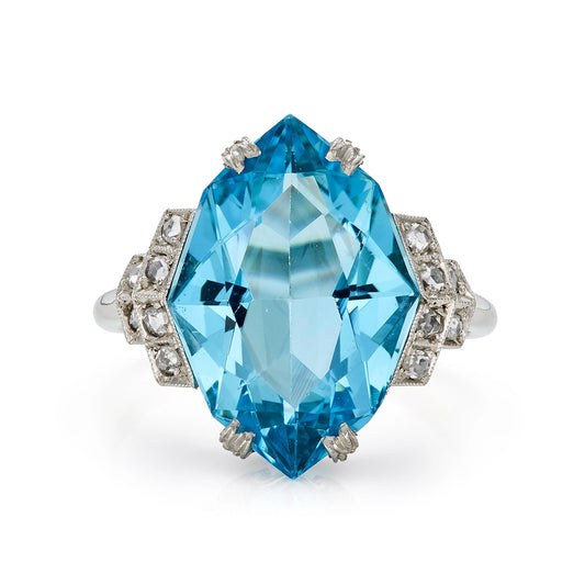 Art Deco 8.70ct Aquamarine & Diamond Ring in White Gold 