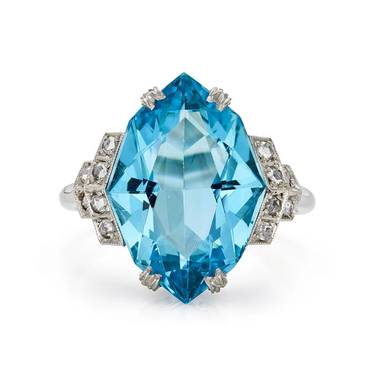 Art Deco 8.70ct Aquamarine & Diamond Ring in White Gold 
