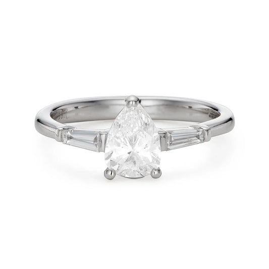 Modern 1.00ct pear shaped diamond solitaire engagement ring in white gold