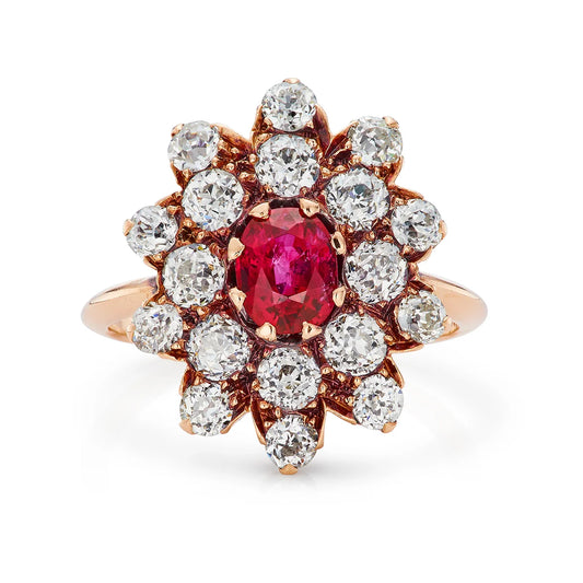 Victorian Conversion 0.90ct Natural Ruby & 1.80ct Diamond Cluster Engagement Ring