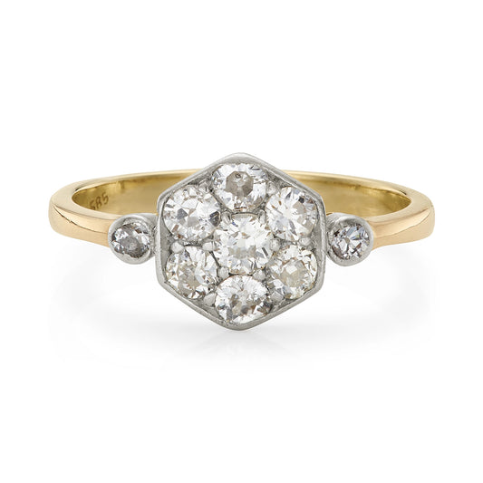 Art Deco 0.45ct Diamond Hexagonal Cluster Engagement Ring with yellow gold shank