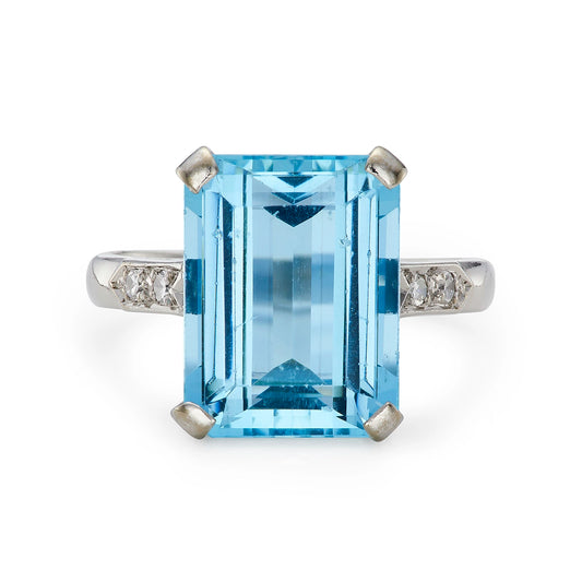 Art Deco 7.60ct Aquamarine & Diamond Ring in White Gold